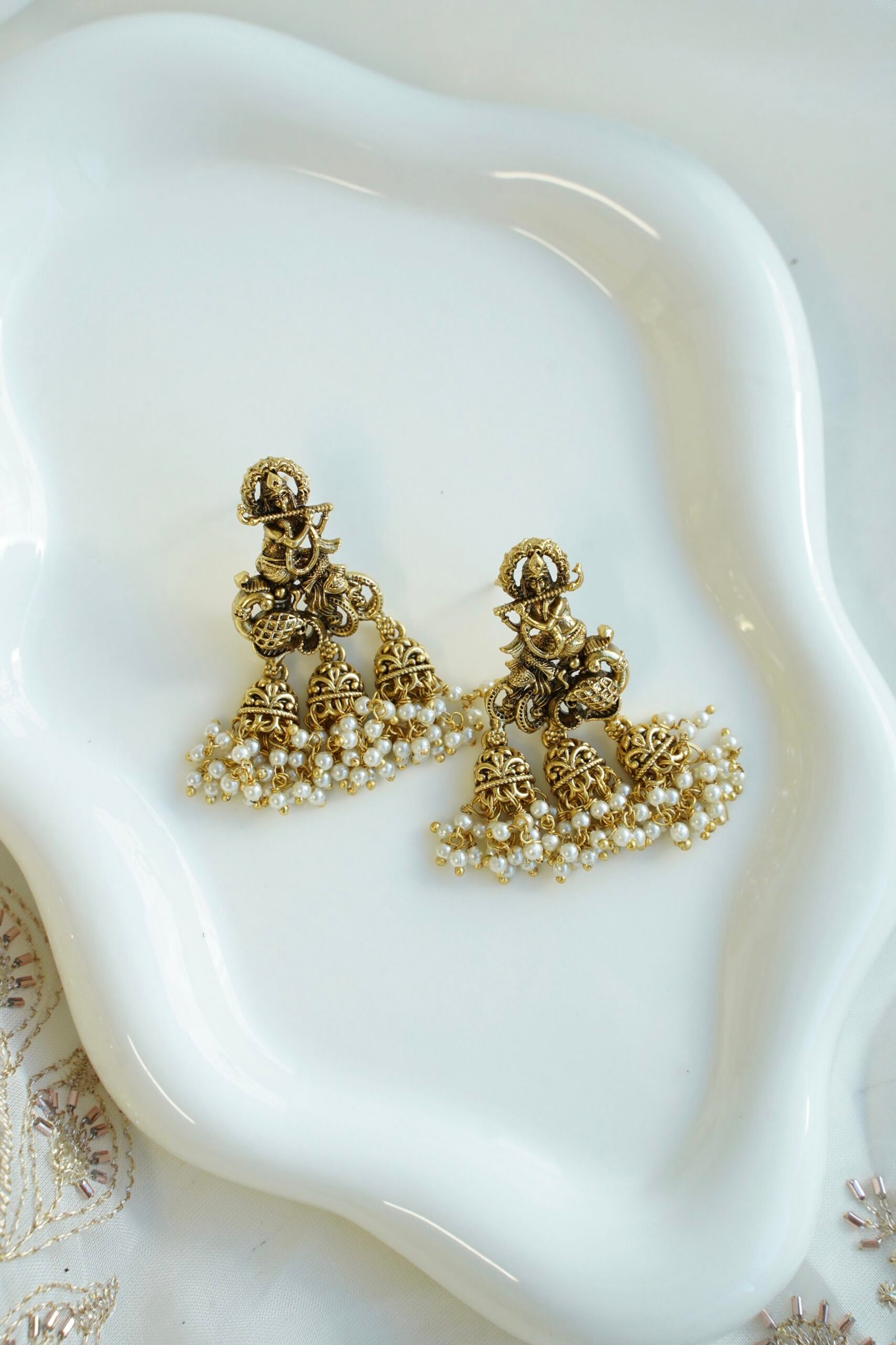 Krishna temple jhumka earrings with pearl fringe, South Asian traditional jewelry