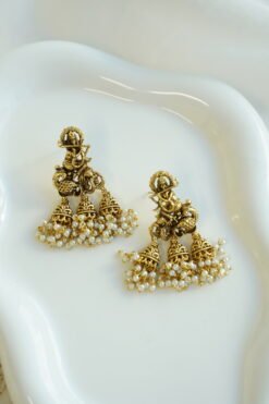 Krishna temple jhumka earrings with pearl fringe, South Asian traditional jewelry