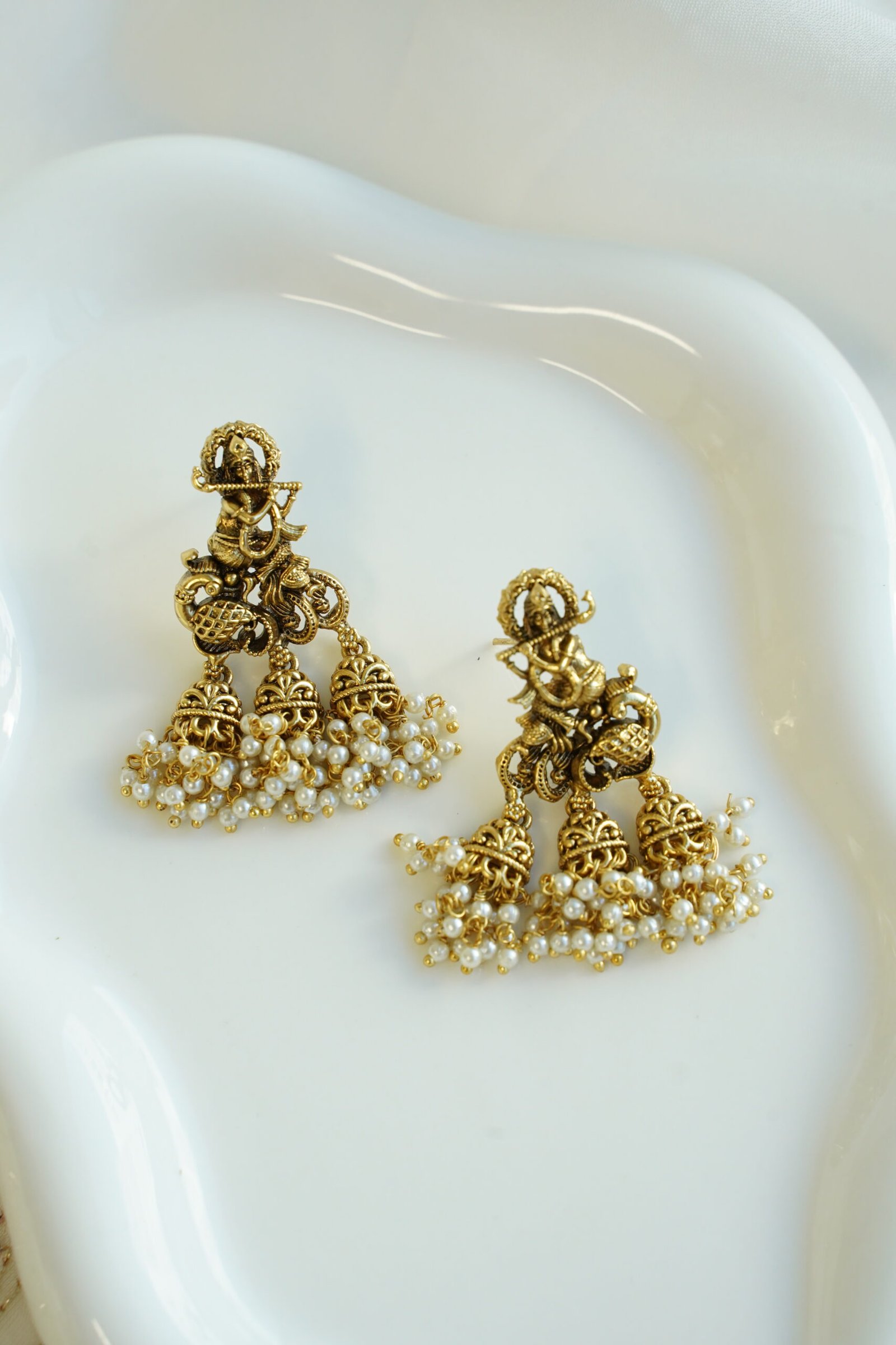 Krishna temple jhumka earrings with pearl fringe, South Asian traditional jewelry