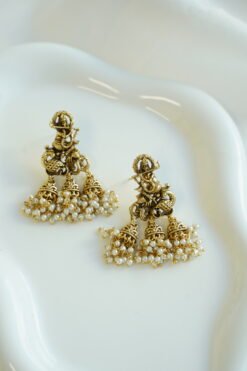 Krishna temple jhumka earrings with pearl fringe, South Asian traditional jewelry