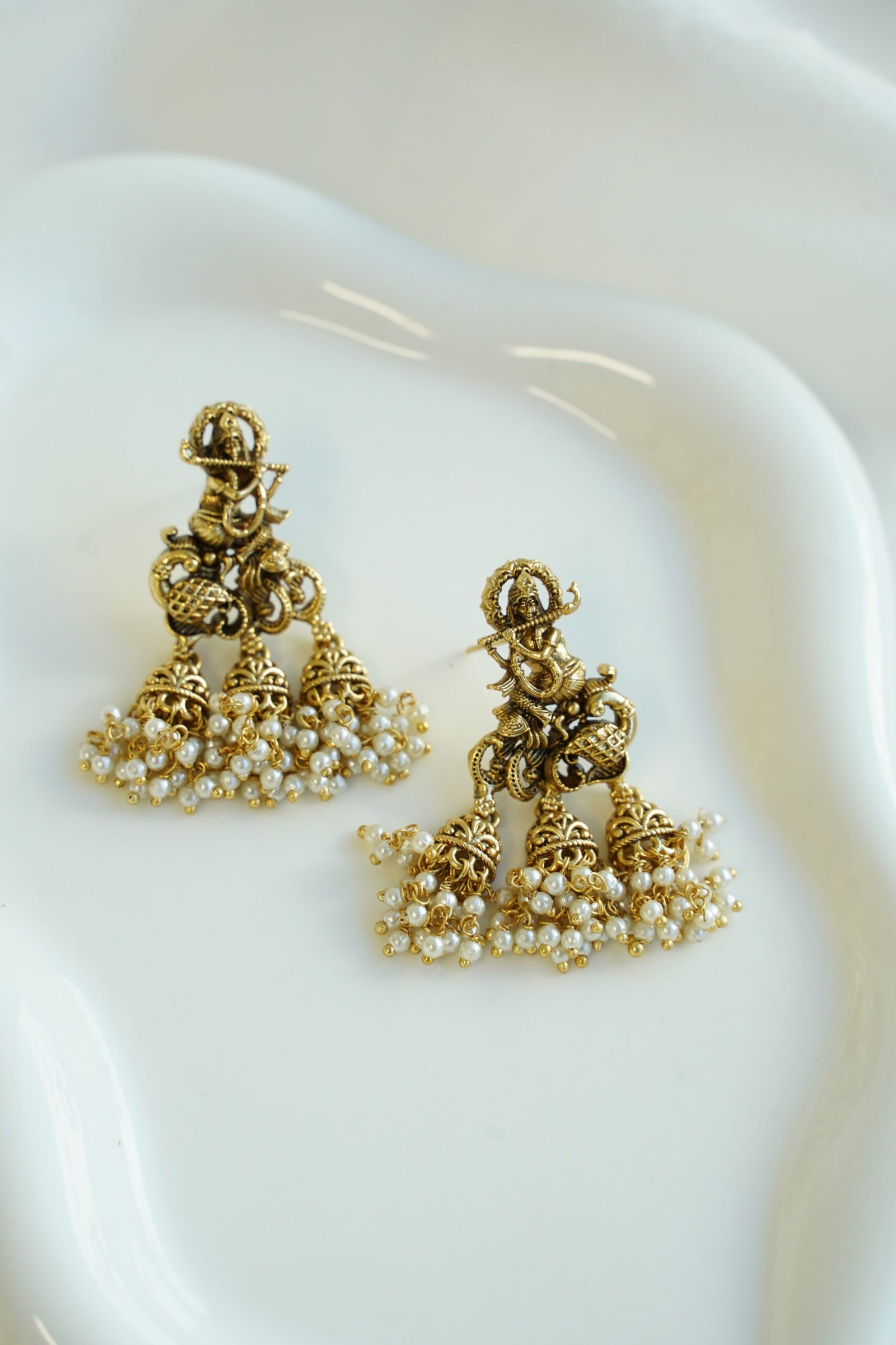 Krishna temple jhumka earrings with pearl fringe, South Asian traditional jewelry