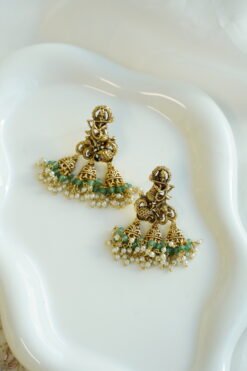Krishna temple jhumka earrings in green with pearl fringe, South Asian traditional jewelry