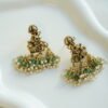 Krishna temple jhumka earrings in green with pearl fringe, South Asian traditional jewelry
