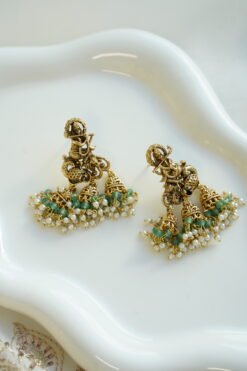 Krishna temple jhumka earrings in green with pearl fringe, South Asian traditional jewelry