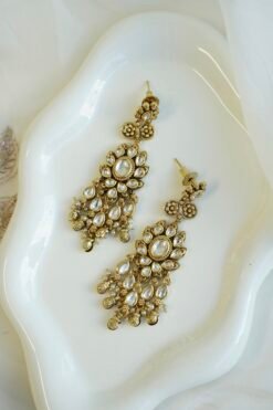Kundan flower drop earrings with pearl detailing, South Asian festive jewelry