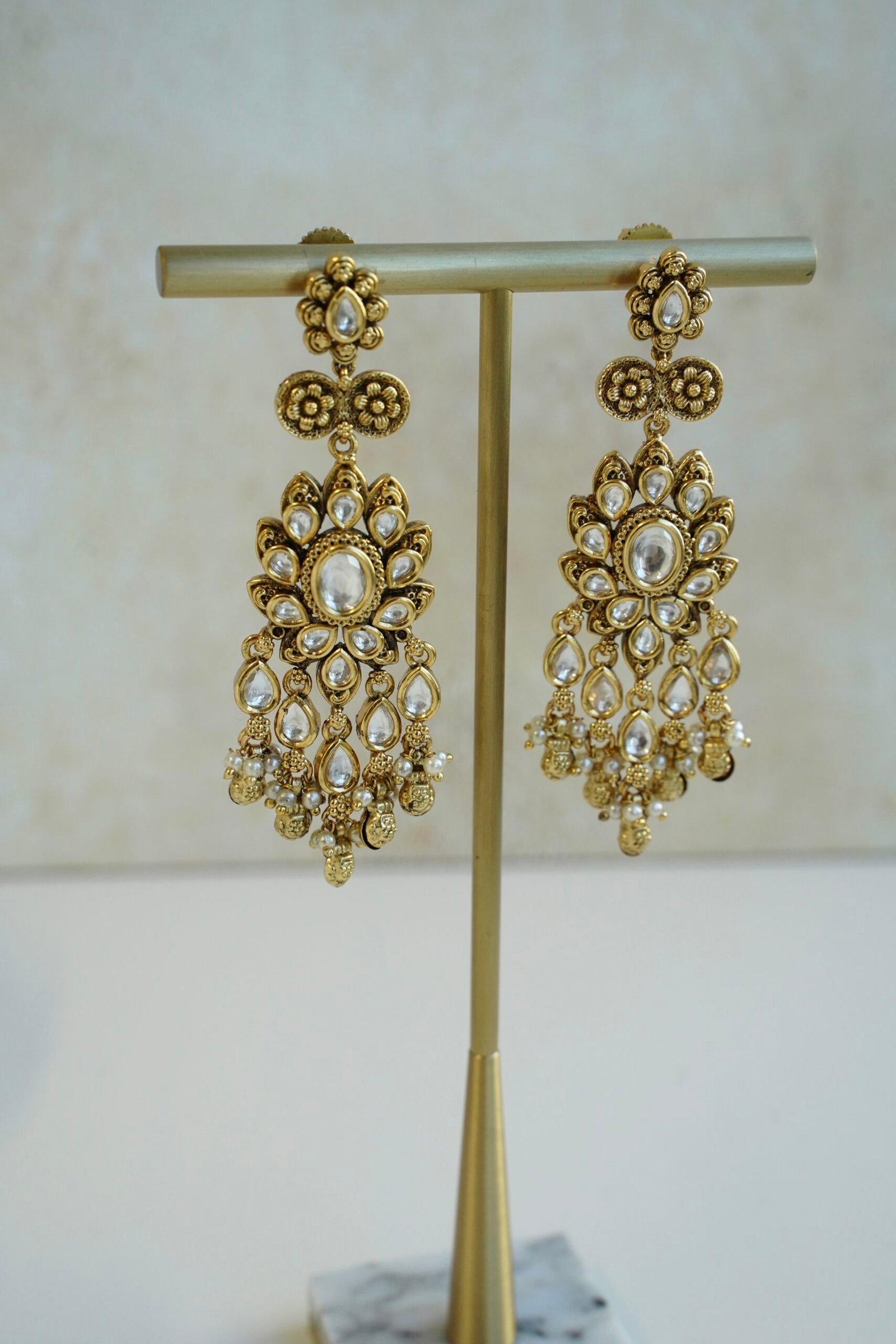Kundan flower drop earrings with pearl detailing, South Asian festive jewelry