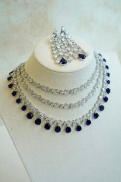 Luxe AD layered necklace set with deep blue and clear stone detailing, South Asian bridal jewelry