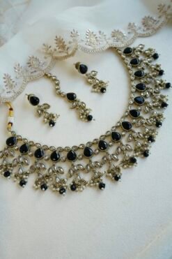 Naila necklace set in black with matching earrings and tikka, South Asian festive jewelry