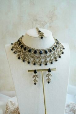 Naila necklace set in black with matching earrings and tikka, South Asian festive jewelry