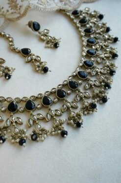 Naila necklace set in black with matching earrings and tikka, South Asian festive jewelry