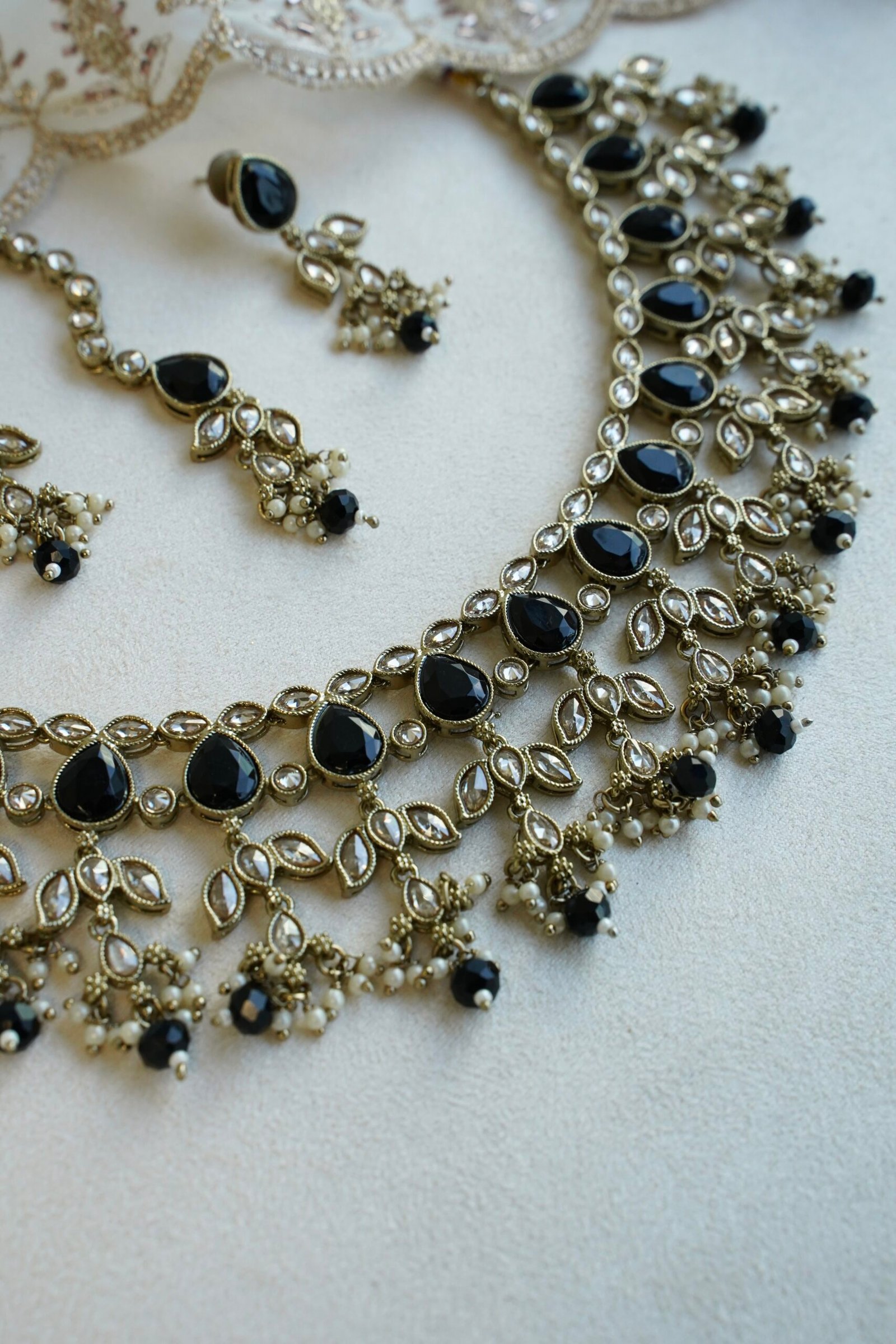 Naila necklace set in black with matching earrings and tikka, South Asian festive jewelry