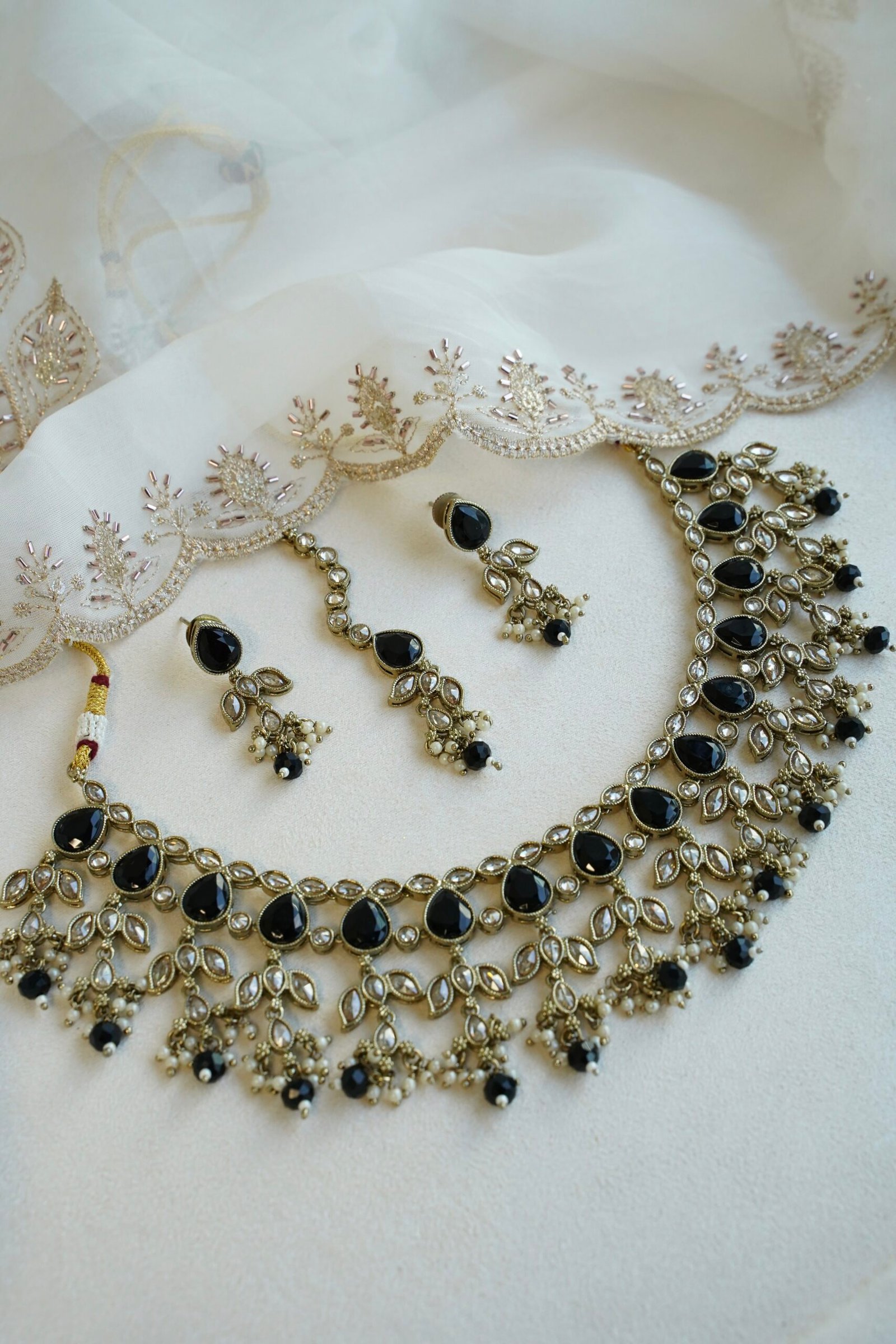 Naila necklace set in black with matching earrings and tikka, South Asian festive jewelry