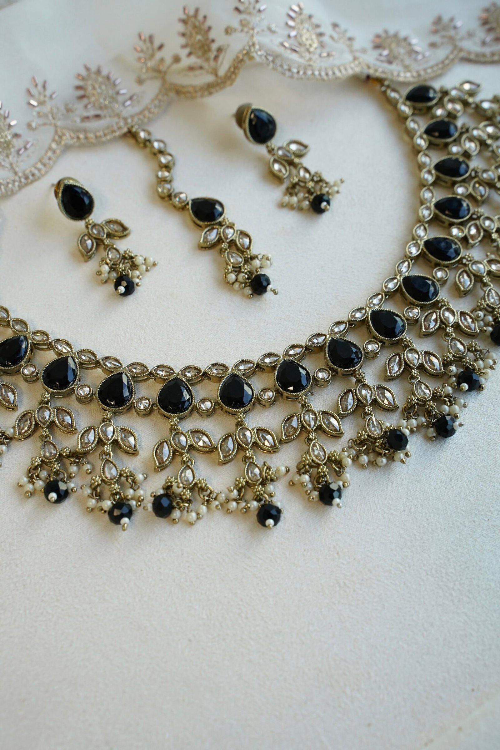 Naila necklace set in black with matching earrings and tikka, South Asian festive jewelry