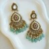 Radhika kundan gold plated earrings with ruby center and green bead drops, South Asian festive jewelry