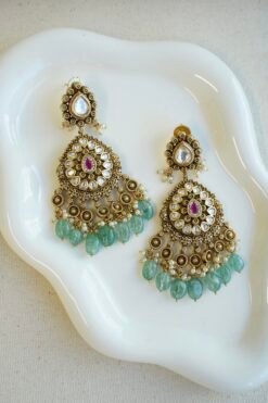 Radhika kundan gold plated earrings with ruby center and green bead drops, South Asian festive jewelry