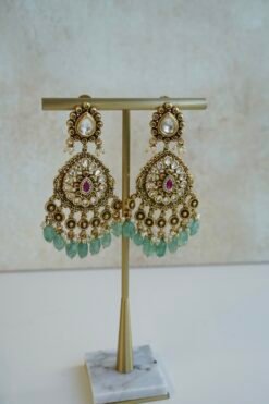 Radhika kundan gold plated earrings with ruby center and green bead drops, South Asian festive jewelry