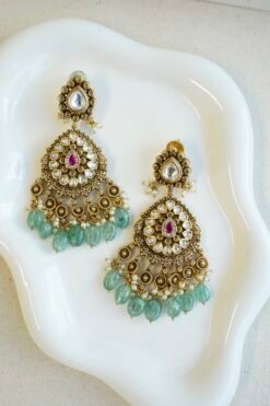 Radhika kundan gold plated earrings with ruby center and green bead drops, South Asian festive jewelry