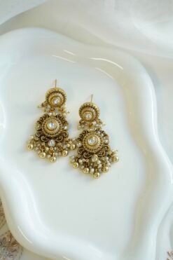 Ridhima kundan chandbali earrings with gold bead and pearl fringe, South Asian festive jewelry