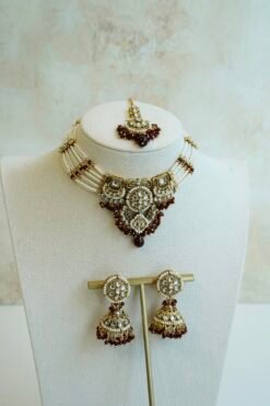 Riya artificial kundan necklace set in maroon with matching jhumka earrings and tikka, South Asian festive jewelry