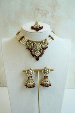 Riya artificial kundan necklace set in maroon with matching jhumka earrings and tikka, South Asian festive jewelry