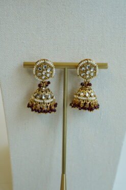 Riya artificial kundan necklace set in maroon with matching jhumka earrings and tikka, South Asian festive jewelry