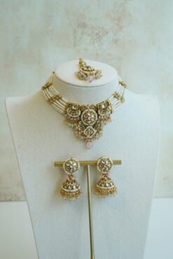 Riya artificial kundan necklace set in mint pink with matching jhumka earrings and tikka, South Asian festive jewelry