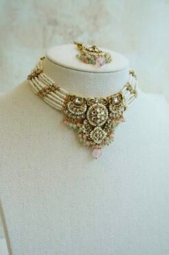 Riya artificial kundan necklace set in mint pink with matching jhumka earrings and tikka, South Asian festive jewelry