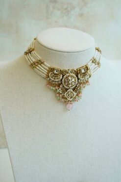 Riya artificial kundan necklace set in mint pink with matching jhumka earrings and tikka, South Asian festive jewelry