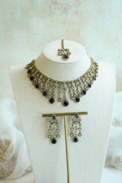 Sarah AD necklace set in blue with matching earrings and tikka, South Asian festive jewelry