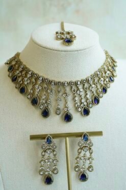 Sarah AD necklace set in blue with matching earrings and tikka, South Asian festive jewelry