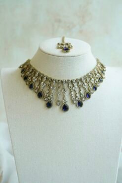 Sarah AD necklace set in blue with matching earrings and tikka, South Asian festive jewelry