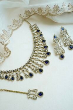Sarah AD necklace set in blue with matching earrings and tikka, South Asian festive jewelry