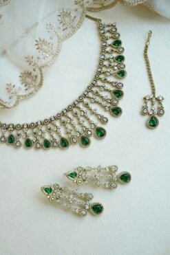 Sarah AD necklace set in green with matching earrings and tikka, South Asian festive jewelry