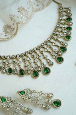 Sarah AD necklace set in green with matching earrings and tikka, South Asian festive jewelry