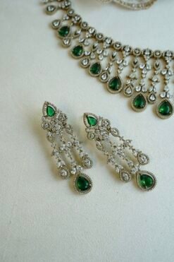 Sarah AD necklace set in green with matching earrings and tikka, South Asian festive jewelry