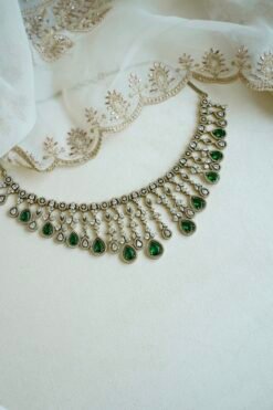 Sarah AD necklace set in green with matching earrings and tikka, South Asian festive jewelry
