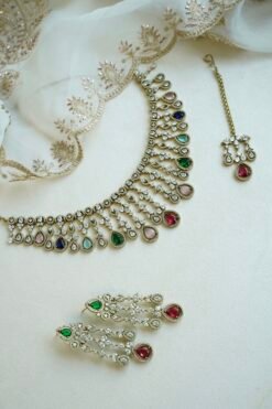 Sarah AD necklace set in multi color with matching earrings and tikka, South Asian festive jewelry
