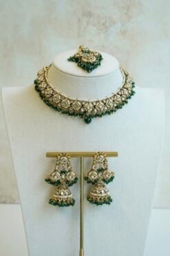 Shalini artificial kundan necklace set in green with statement earrings and tikka, South Asian festive jewelry