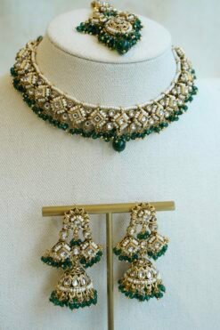 Shalini artificial kundan necklace set in green with statement earrings and tikka, South Asian festive jewelry