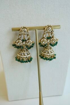 Shalini artificial kundan necklace set in green with statement earrings and tikka, South Asian festive jewelry