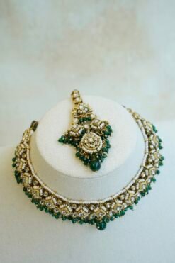 Shalini artificial kundan necklace set in green with statement earrings and tikka, South Asian festive jewelry