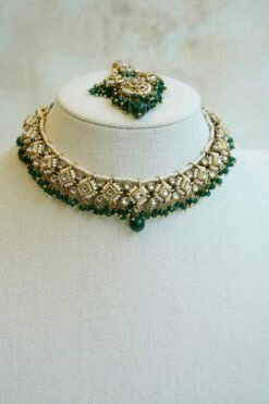 Shalini artificial kundan necklace set in green with statement earrings and tikka, South Asian festive jewelry