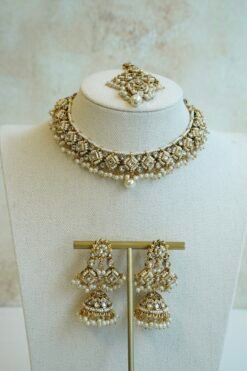 Shalini artificial kundan necklace set in white with statement earrings and tikka, South Asian festive jewelry
