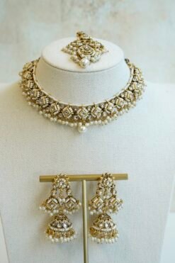 Shalini artificial kundan necklace set in white with statement earrings and tikka, South Asian festive jewelry