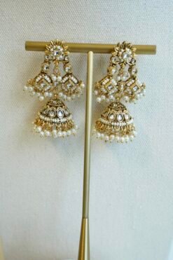 Shalini artificial kundan necklace set in white with statement earrings and tikka, South Asian festive jewelry