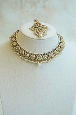 Shalini artificial kundan necklace set in white with statement earrings and tikka, South Asian festive jewelry