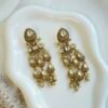 Slim kundan chandelier earrings with pearl accents, South Asian festive jewelry