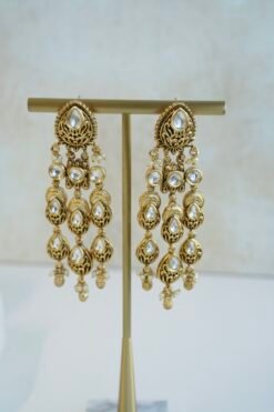 Slim kundan chandelier earrings with pearl accents, South Asian festive jewelry
