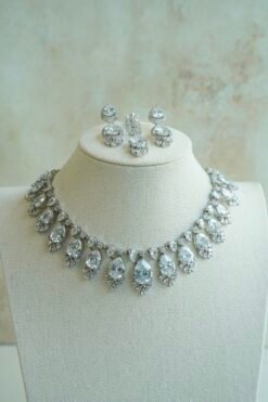 Sophie AD necklace set in silver finish with matching earrings and tikka, South Asian festive jewelry