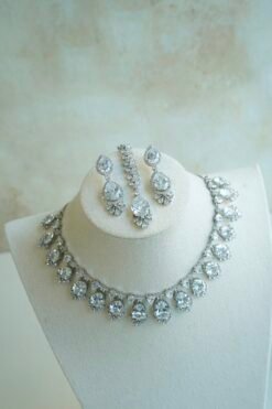 Sophie AD necklace set in silver finish with matching earrings and tikka, South Asian festive jewelry